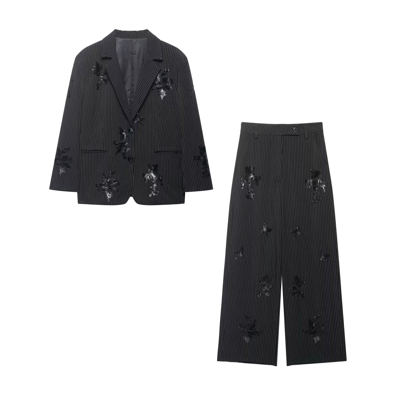 Embroidery Jacket - Women's Fashion Embroidery Striped High-Waisted Trousers