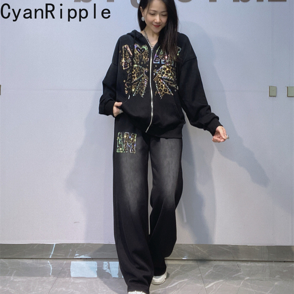 Embroidery Zip Up Hoodie - Trendy Autumn Winter Women Hoodie Set