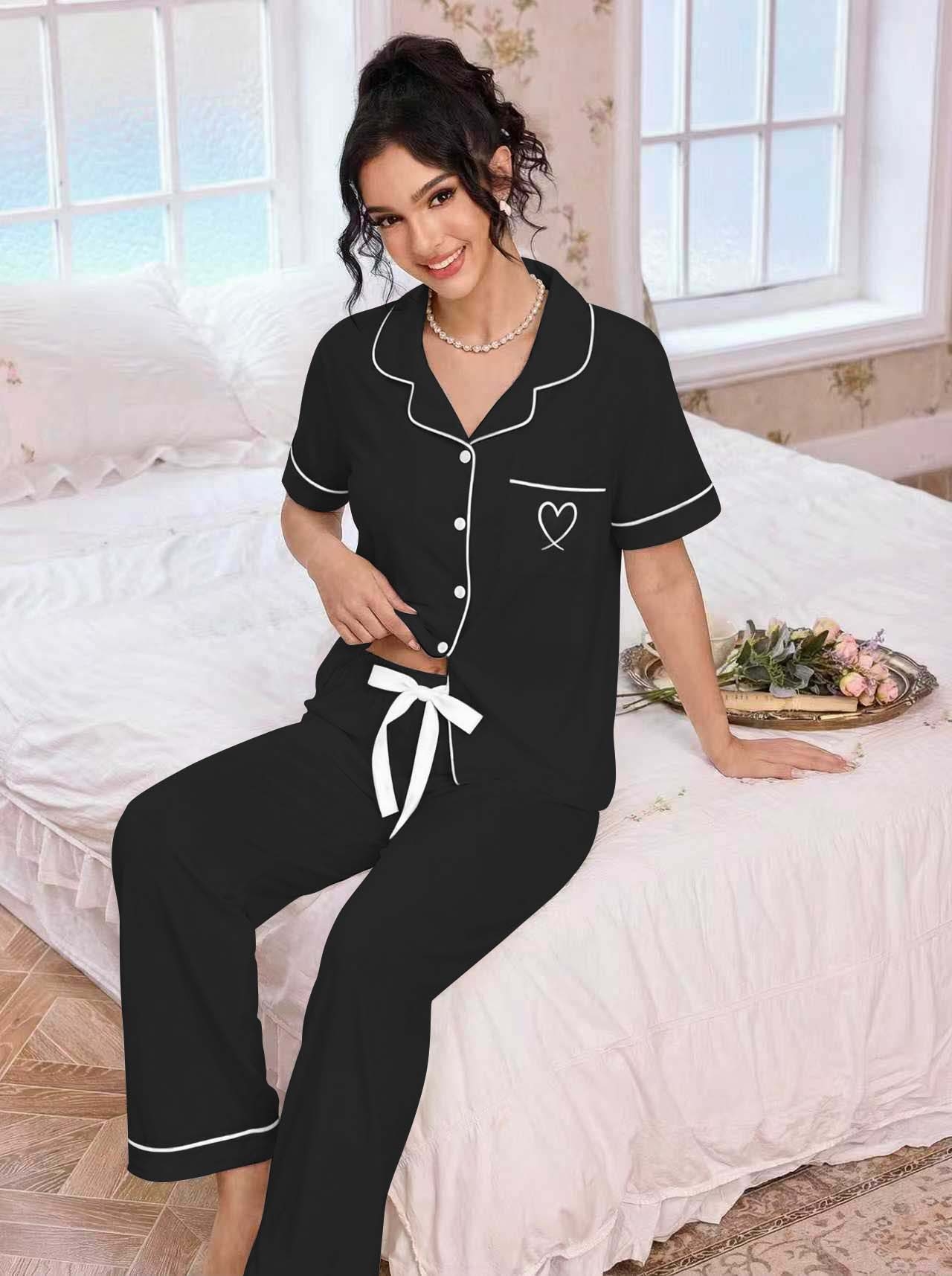 Women Lapel Pajamas Set Heart  - Embroidery Set recension och pris
